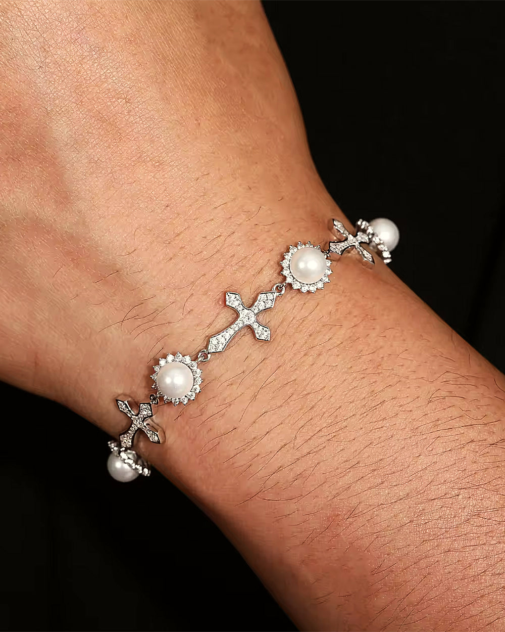 MOISSANITE ICY CROSSES & PEARLS BRACELET.