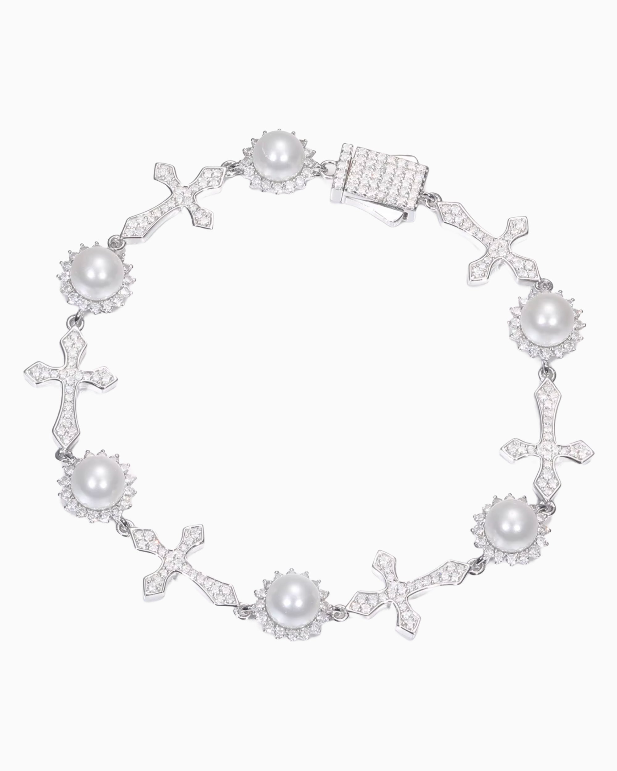 MOISSANITE ICY CROSSES & PEARLS BRACELET.